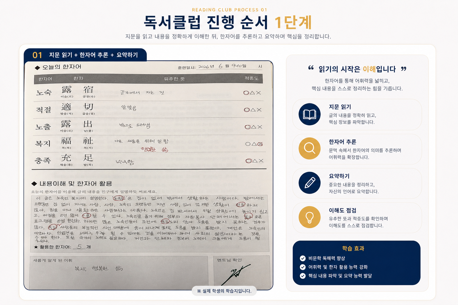 독서클럽 진행 01단계 — 지문 읽기 · 한자어 추론 · 요약하기